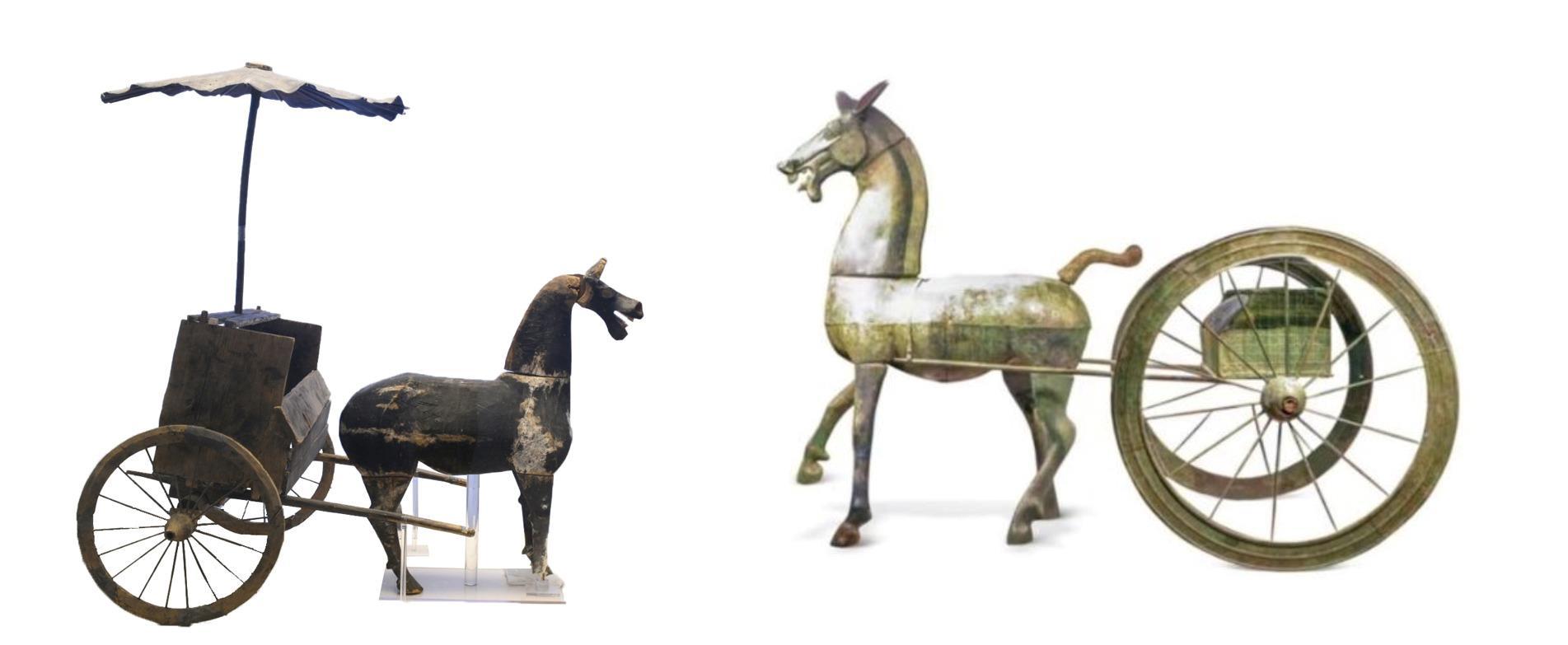 △左為漢代木軺車，藏于青海省博物館；右為東漢銅車馬，藏于黔西南州博物館。